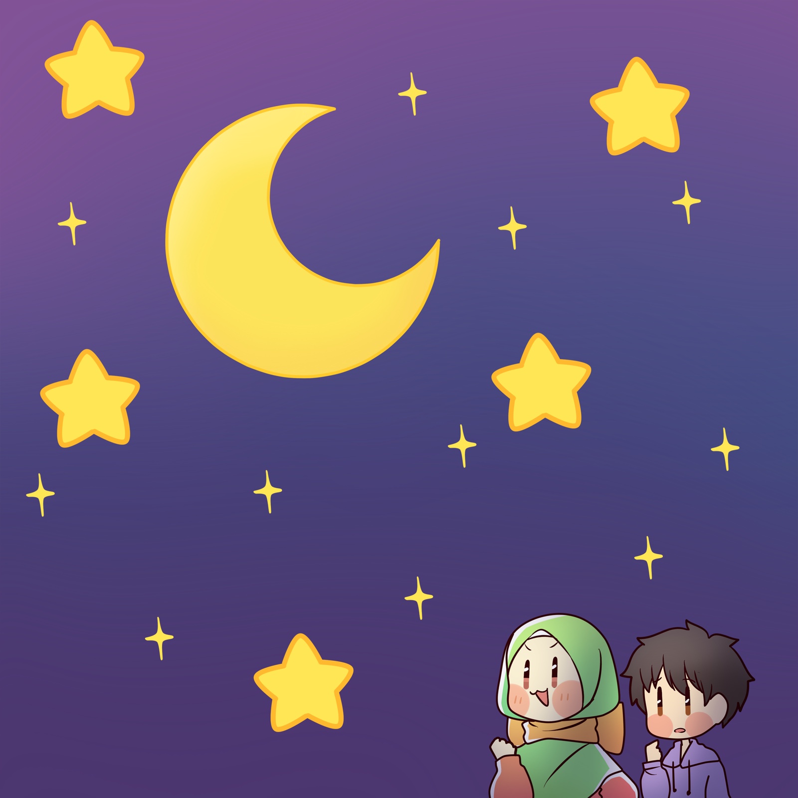 A starry night sky with a crescent moon over Aya and Sura, tucked in the corner ready for a bedtime story