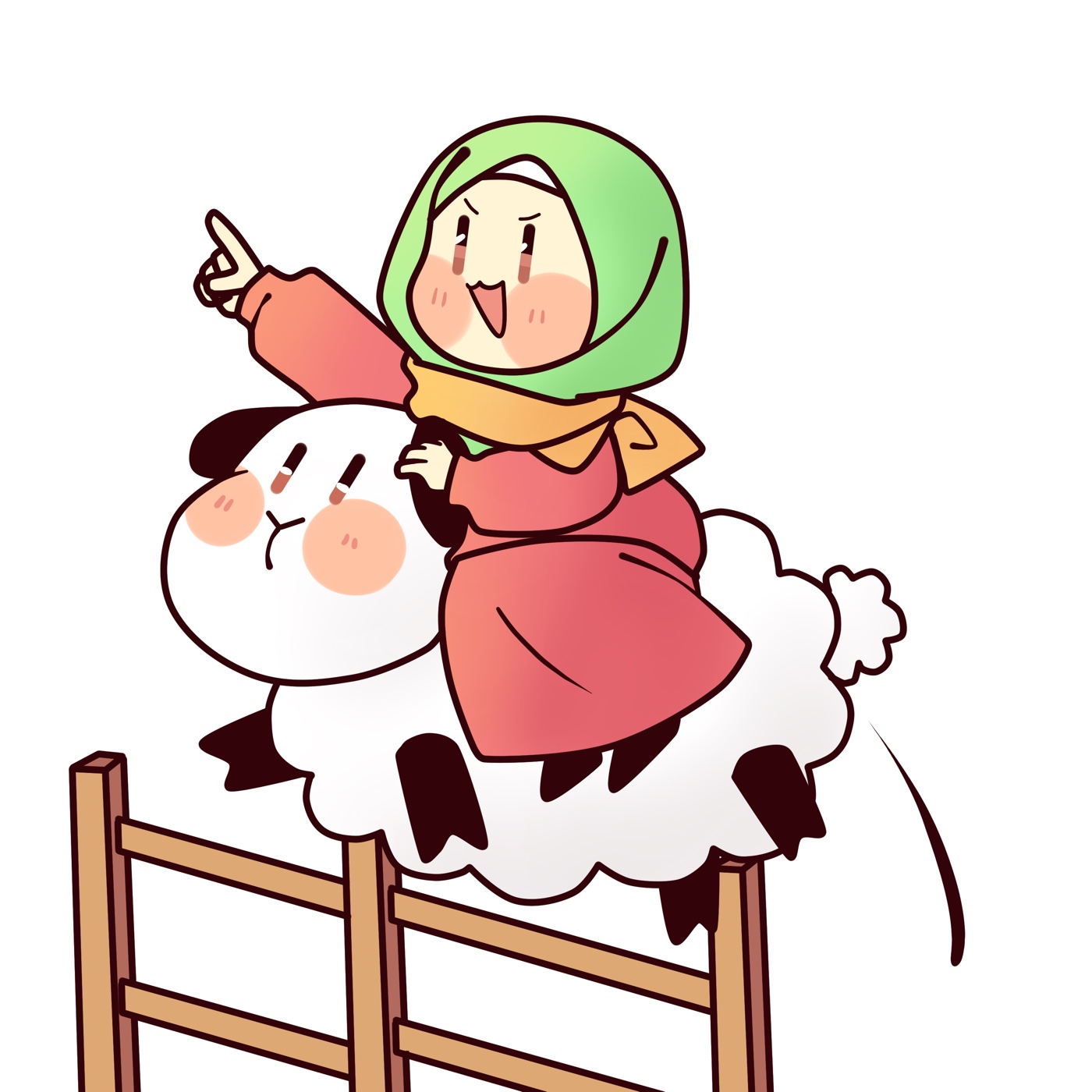 Aya laughing and pointing while riding a jumping sheep
