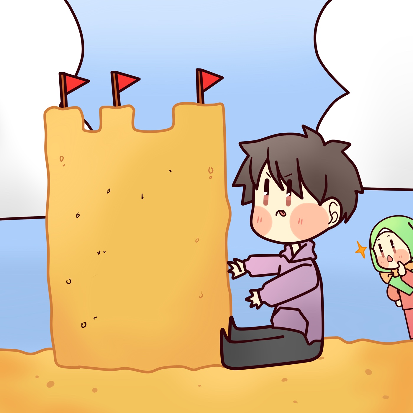 Sura carefully building a tall sandcastle wall while Aya watches, delighted, nearby