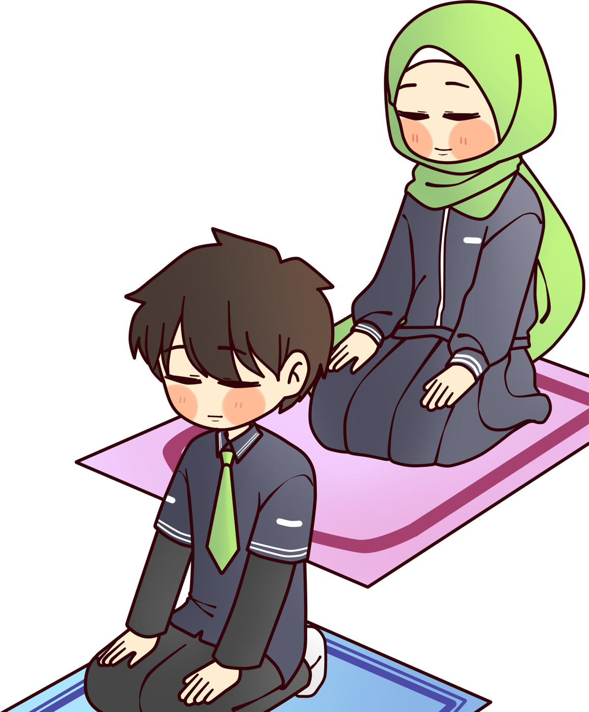 Aya and Sura praying together on their prayer mats